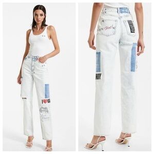KSUBI Playback Mystik White Blue Multi High Waist Bootcut Graphic Jeans
